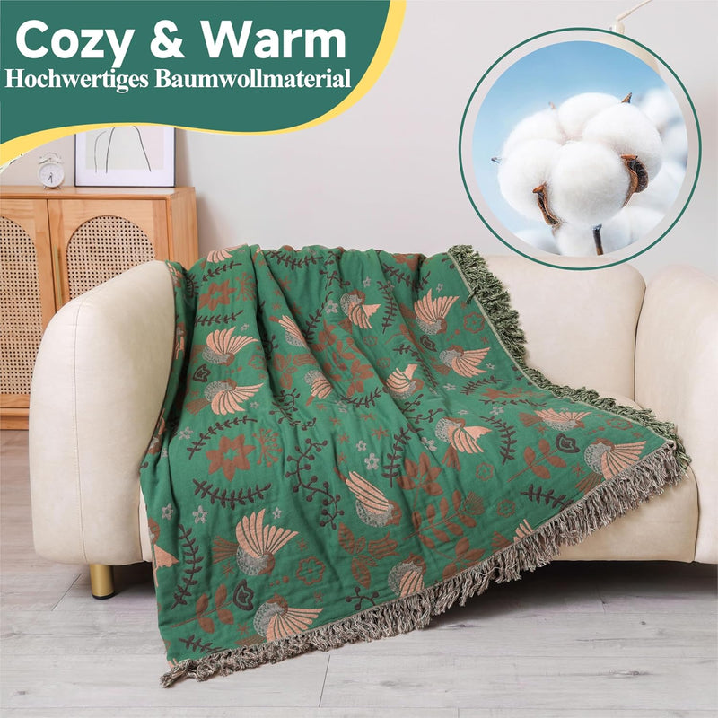 Dubbelzijdige Boho katoenen deken, ademend en zacht sprei, 4-laagse mousseline deken voor alle seizoenen - katoenen deken met franjes - Groen vogelpatroon in diverse maten HOORDRY