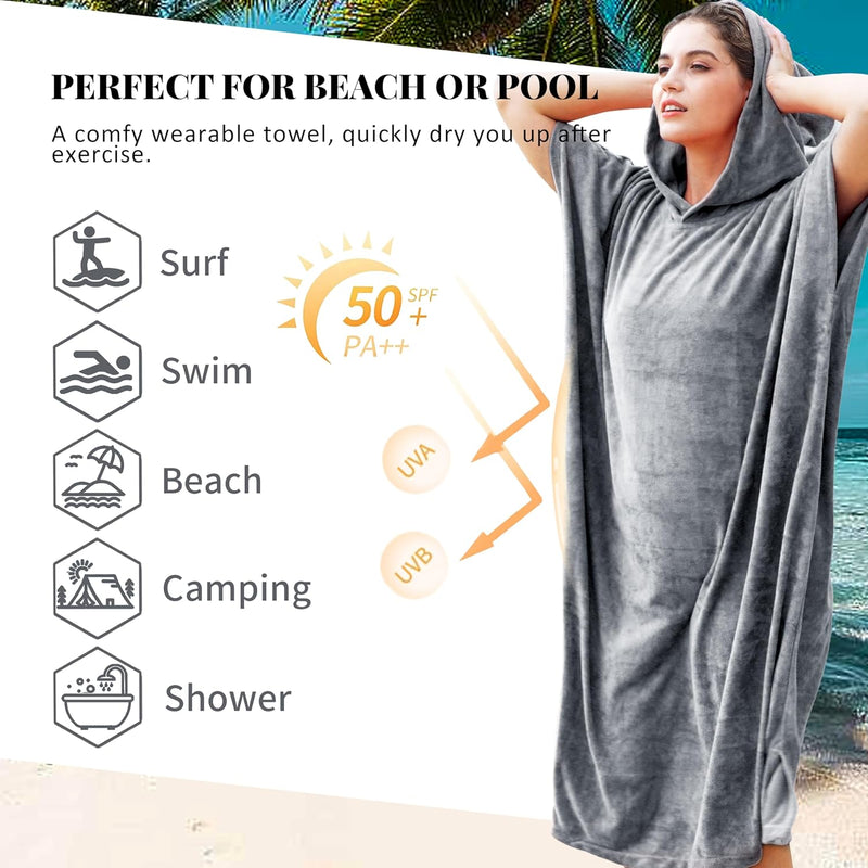 Microvezel badstof surfponcho voor volwassenen (uniseks) – badponcho/badjas voor sauna, dames en heren –  Grijs Kato Tirrinia