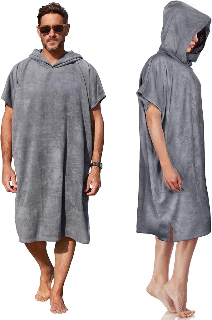 Microvezel badstof surfponcho voor volwassenen (uniseks) – badponcho/badjas voor sauna, dames en heren –  Grijs Kato Tirrinia