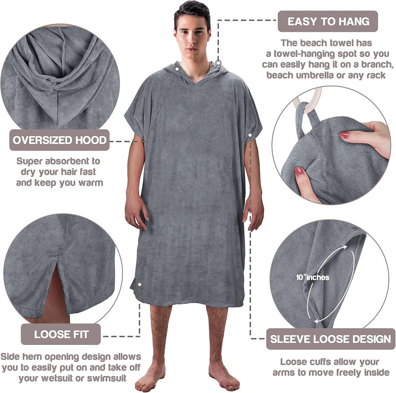 Microvezel badstof surfponcho voor volwassenen (uniseks) – badponcho/badjas voor sauna, dames en heren –  Grijs Kato Tirrinia