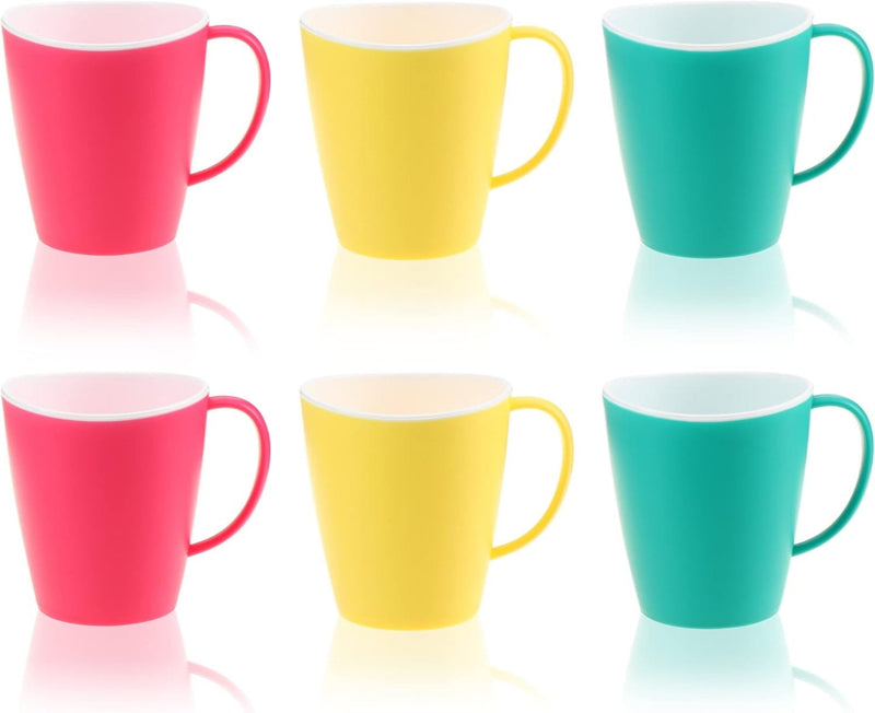 6 x Koffiebekers met Handvat - Set van Herbruikbare Plastic Drinkbekers in diverse kleuren&nbsp; - 350 ml - Groen/Geel/Roze) - com-four®