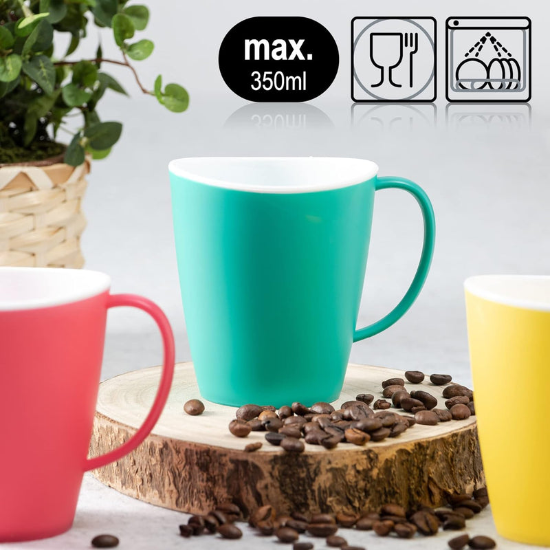 6 x Koffiebekers met Handvat - Set van Herbruikbare Plastic Drinkbekers in diverse kleuren&nbsp; - 350 ml - Groen/Geel/Roze) - com-four®