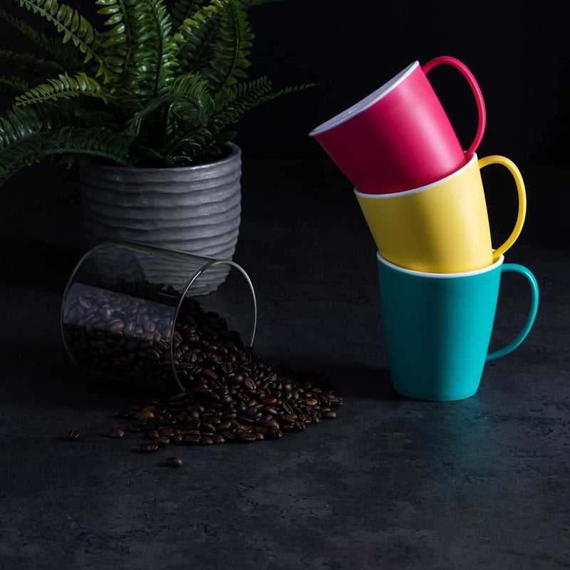 6 x Koffiebekers met Handvat - Set van Herbruikbare Plastic Drinkbekers in diverse kleuren&nbsp; - 350 ml - Groen/Geel/Roze) - com-four®