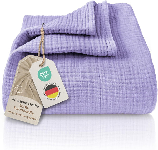 Premium Mousseline Sprei – 100% Katoen – Extra Zachte Katoenen Deken als Knuffeldeken, Bedsprei – Warme Woondeken in verschillende maten (Paars) - LAYNENBURG