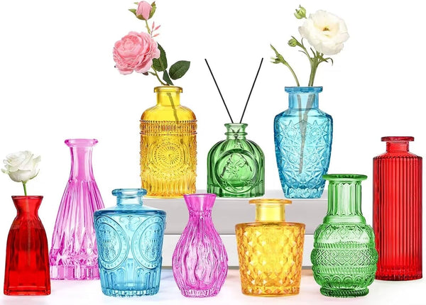 Set van 10 Mini Glazen Vazen – Vintage Decoratieve Vazen in Diverse Maten  – Meerdere kleuren en Stijlvol - Tobengda