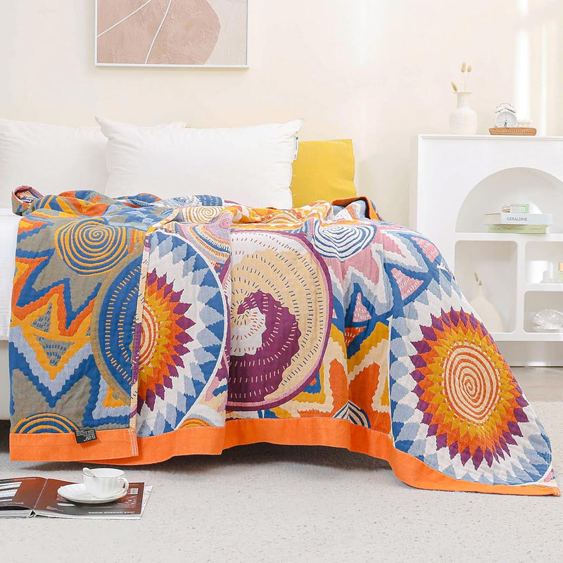 Dubbelzijdige Boho katoenen deken, ademend en zacht sprei, 4-laagse mousseline deken voor alle seizoenen - katoenen deken met franjes - Multicolor in diverse maten