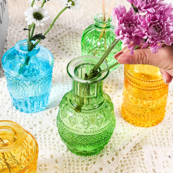 Set van 10 Mini Glazen Vazen – Vintage Decoratieve Vazen in Diverse Maten  – Meerdere kleuren en Stijlvol - Tobengda