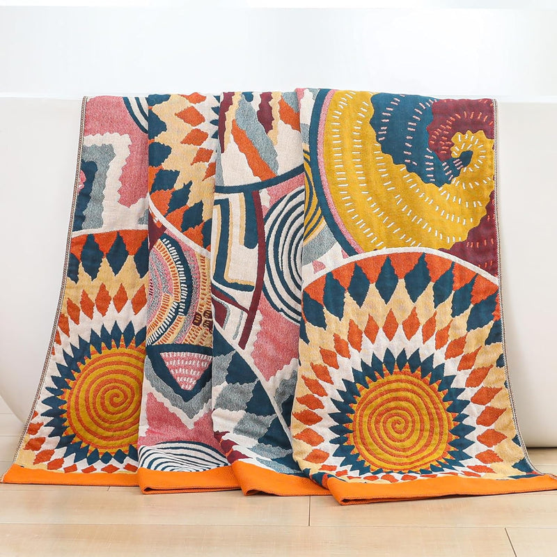 Dubbelzijdige Boho katoenen deken, ademend en zacht sprei, 4-laagse mousseline deken voor alle seizoenen - katoenen deken met franjes - Multicolor in diverse maten