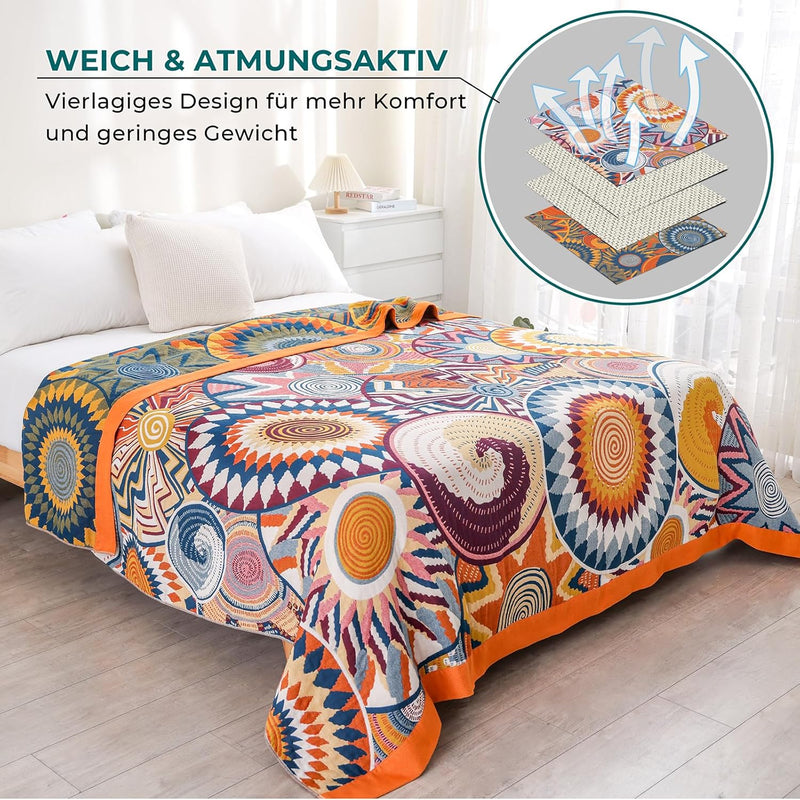 Dubbelzijdige Boho katoenen deken, ademend en zacht sprei, 4-laagse mousseline deken voor alle seizoenen - katoenen deken met franjes - Multicolor in diverse maten
