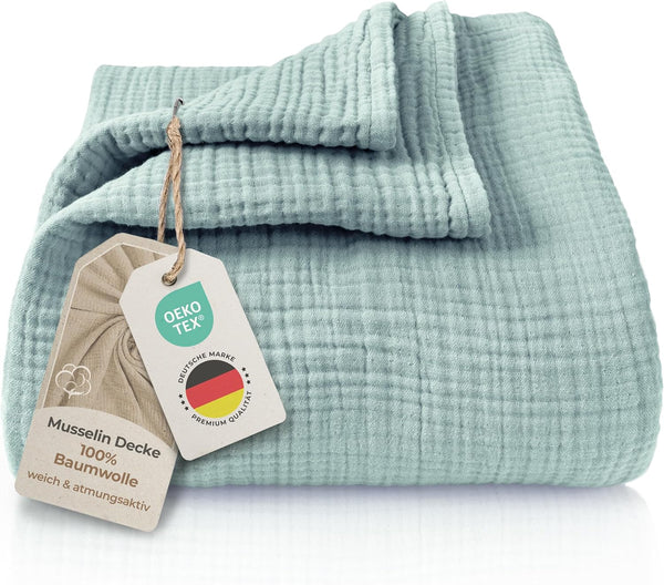 Premium Mousseline Sprei – 100% Katoen – Extra Zachte Katoenen Deken als Knuffeldeken, Bedsprei – Warme Woondeken in verschillende maten (Mint) - LAYNENBURG