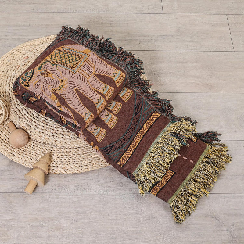 Dubbelzijdige Boho katoenen deken, ademend en zacht sprei, 4-laagse mousseline deken voor alle seizoenen - katoenen deken met franjes - Bruine Olifant in diverse maten