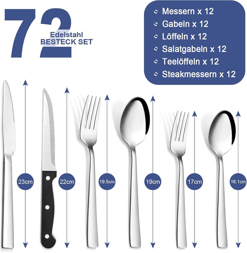 Bestekset voor 12 personen, 72-delige roestvrijstalen bestekset Bastwe