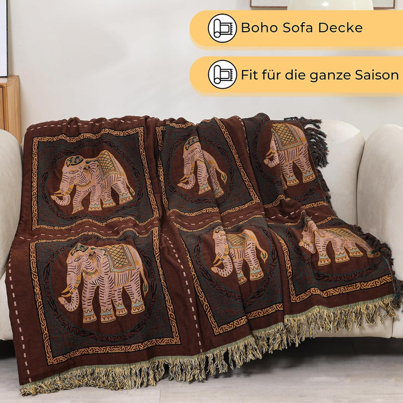 Dubbelzijdige Boho katoenen deken, ademend en zacht sprei, 4-laagse mousseline deken voor alle seizoenen - katoenen deken met franjes - Bruine Olifant in diverse maten