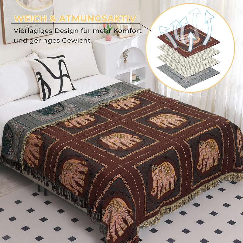 Dubbelzijdige Boho katoenen deken, ademend en zacht sprei, 4-laagse mousseline deken voor alle seizoenen - katoenen deken met franjes - Bruine Olifant in diverse maten
