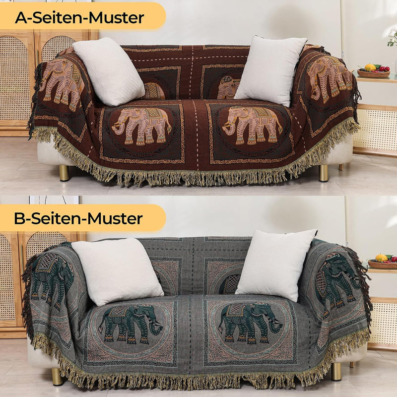 Dubbelzijdige Boho katoenen deken, ademend en zacht sprei, 4-laagse mousseline deken voor alle seizoenen - katoenen deken met franjes - Bruine Olifant in diverse maten