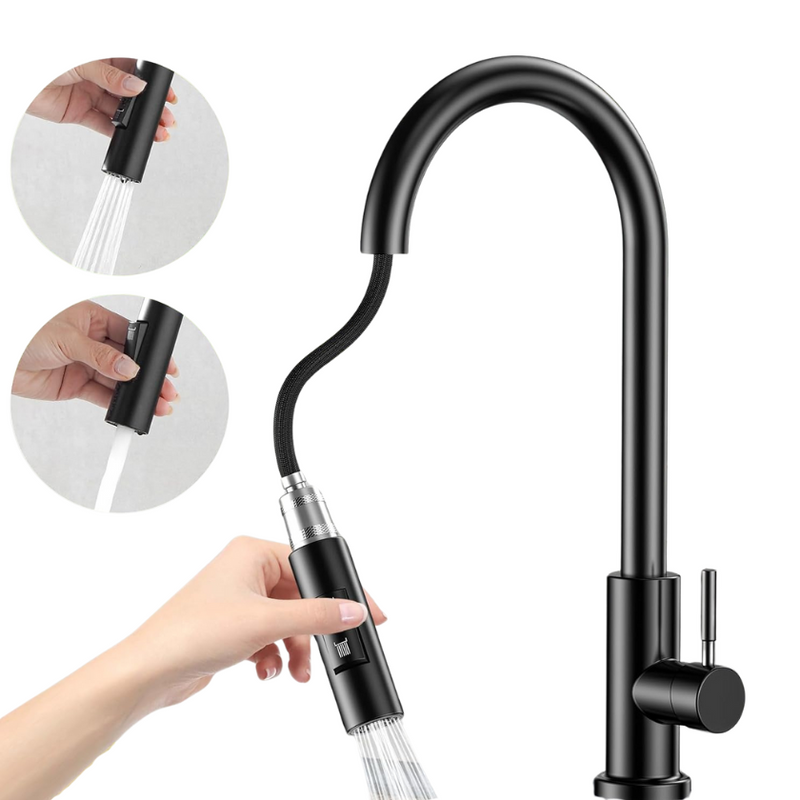 360° draaibare keukenkraan - hoge druk keukenkraan met uitschuifbare douche - Zwart & Zilver NIKYJM