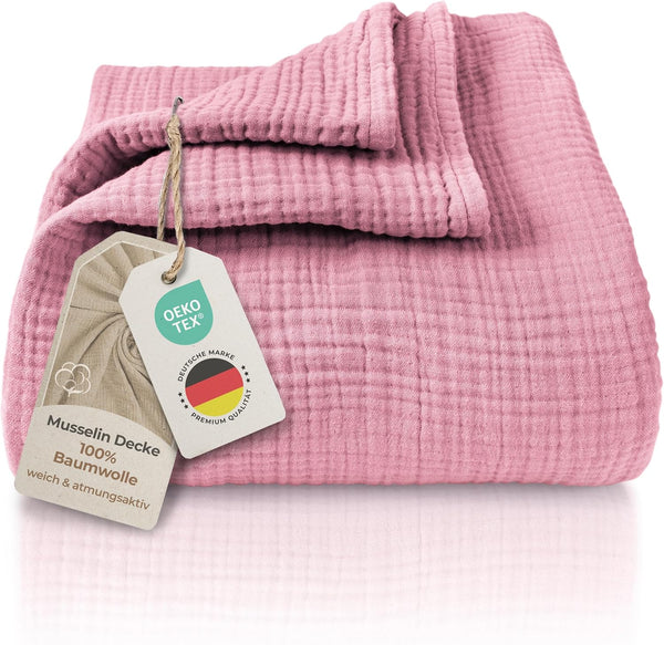 Premium Mousseline Sprei – 100% Katoen – Extra Zachte Katoenen Deken als Knuffeldeken, Bedsprei – Warme Woondeken in verschillende maten (Roze) - LAYNENBURG