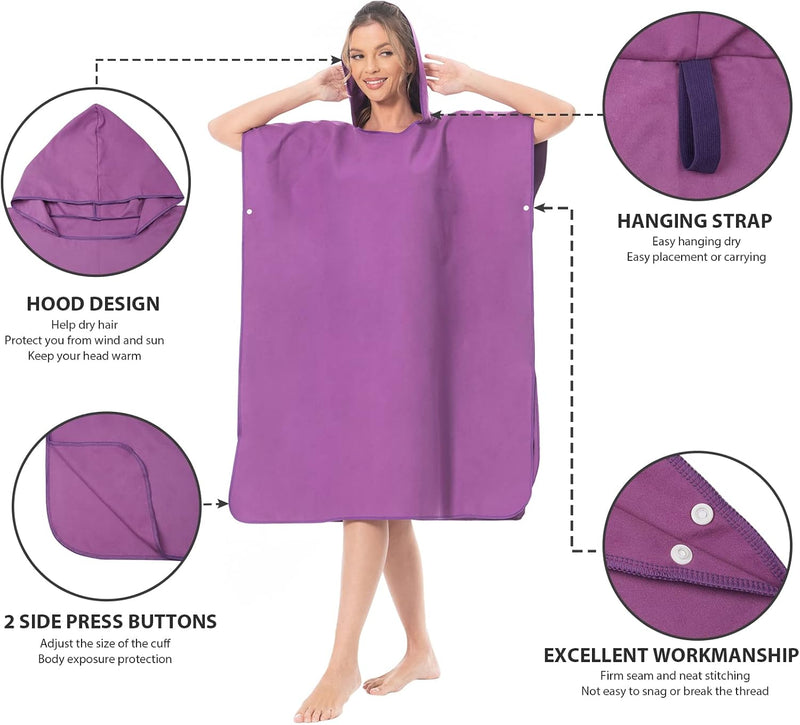 Surfponcho Omkleedhulp Strand voor Dames, Heren, Volwassenen en Tieners – Ultralichte en Sneldrogende Badponcho / Handdoekponcho van Microvezel –  (Paars) - MOKANI