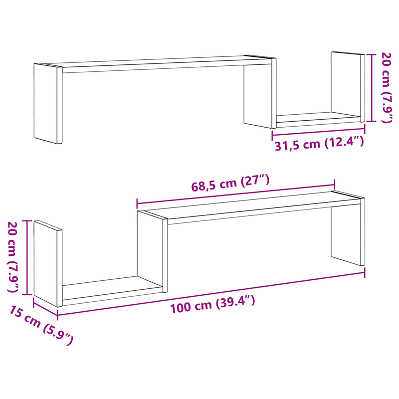 Wandplank 2 Pcs 100 X 15 X 20 Cm Bewerkt Hout