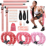 Fitnessbandenset met 6 weerstandsbanden (9-81 kg) & pilatesstang - weerstandsbanden voor krachttraining en fitnessapparatuur voor thuisgebruik - ALongSong Roze