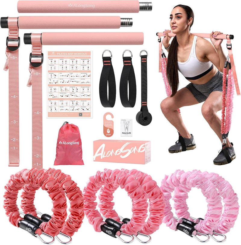 Fitnessbandenset met 6 weerstandsbanden (9-81 kg) & pilatesstang - weerstandsbanden voor krachttraining en fitnessapparatuur voor thuisgebruik - ALongSong Roze