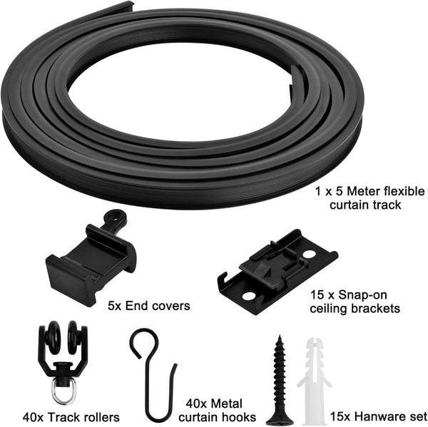 5 meter flexibele plafondgordijnrail - gebogen gordijnrail met montageaccessoires - Zwart Catime