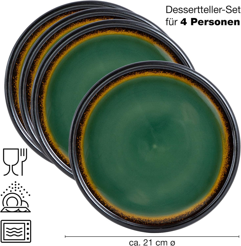 Stevig 4 x Kleine Borden 21 cm – Aardewerken Borden Set als Dessertborden, Taartborden, Ontbijtborden – Serviesset voor Serveren - Moritz & Moritz Groen