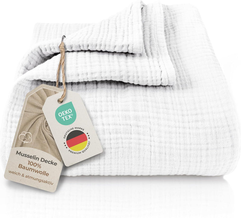Premium Mousseline Sprei – 100% Katoen – Extra Zachte Katoenen Deken als Knuffeldeken, Bedsprei – Warme Woondeken in verschillende maten (Wit) - LAYNENBURG