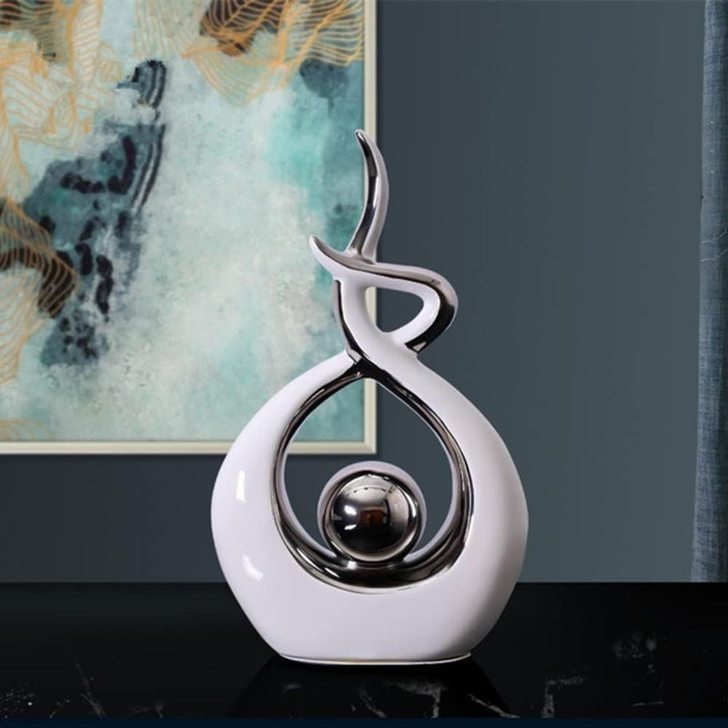 Wit & Zilver Keramisch Beeld - Moderne Abstracte Sculptuur - Woondecoratie, Tafeldecoratie