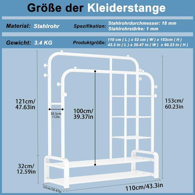 Multifunctioneel vrijstaand kledingrek met dubbel stangontwerp - 8 haken, 3-laags zijplanken en 2 lagen schoenenrekken – kledingrek/kledinghanger voor de slaapkamer - Wit SMILOVII