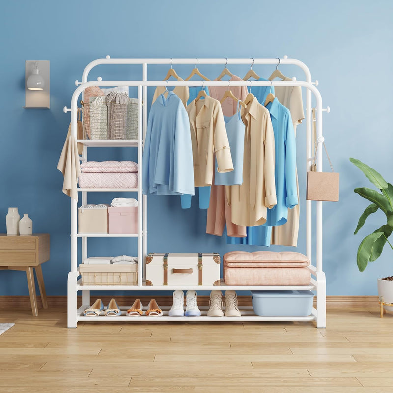 Multifunctioneel vrijstaand kledingrek met dubbel stangontwerp - 8 haken, 3-laags zijplanken en 2 lagen schoenenrekken – kledingrek/kledinghanger voor de slaapkamer - Wit SMILOVII