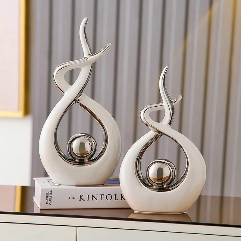 Wit & Zilver Keramisch Beeld - Moderne Abstracte Sculptuur - Woondecoratie, Tafeldecoratie