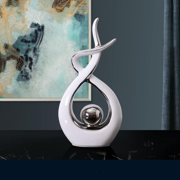 Wit & Zilver Keramisch Beeld - Moderne Abstracte Sculptuur - Woondecoratie, Tafeldecoratie