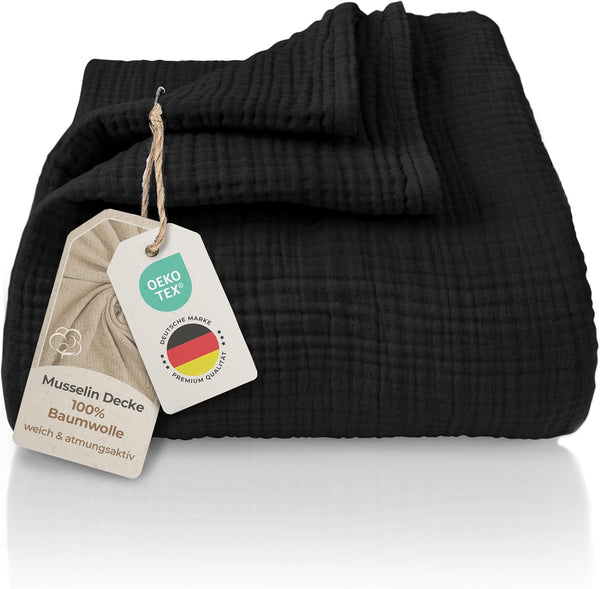 Premium Mousseline Sprei – 100% Katoen – Extra Zachte Katoenen Deken als Knuffeldeken, Bedsprei – Warme Woondeken in verschillende maten (Zwart) - LAYNENBURG