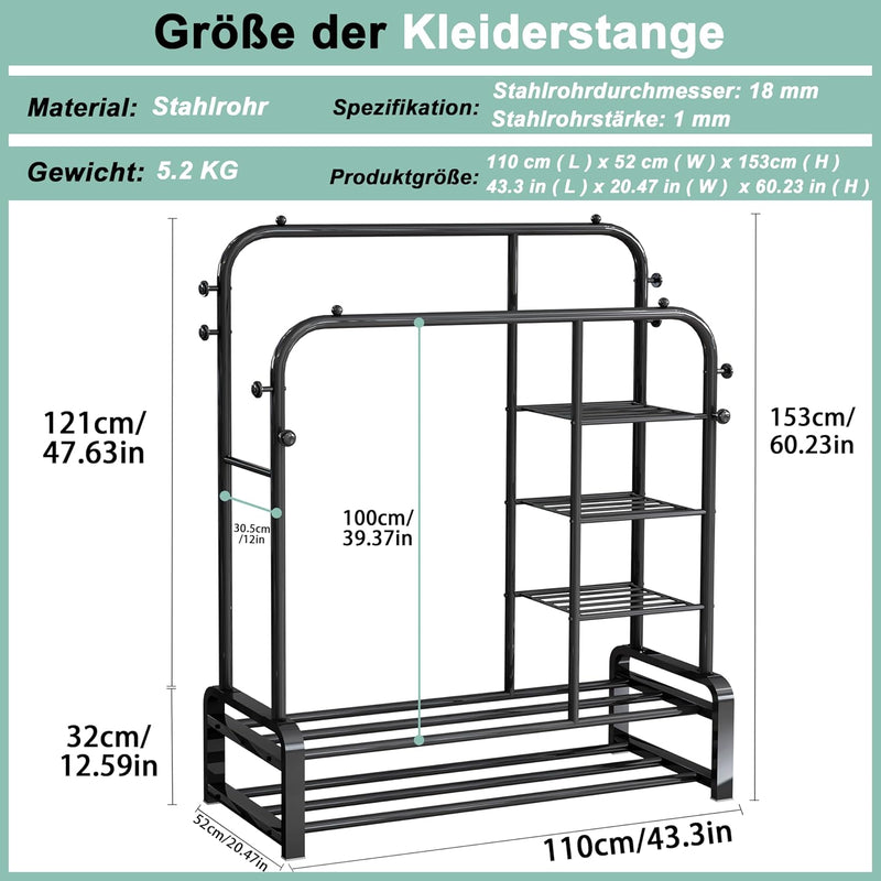 Multifunctioneel vrijstaand kledingrek met dubbel stangontwerp - 8 haken, 3-laags zijplanken en 2 lagen schoenenrekken – kledingrek/kledinghanger voor de slaapkamer - Zwart SMILOVII