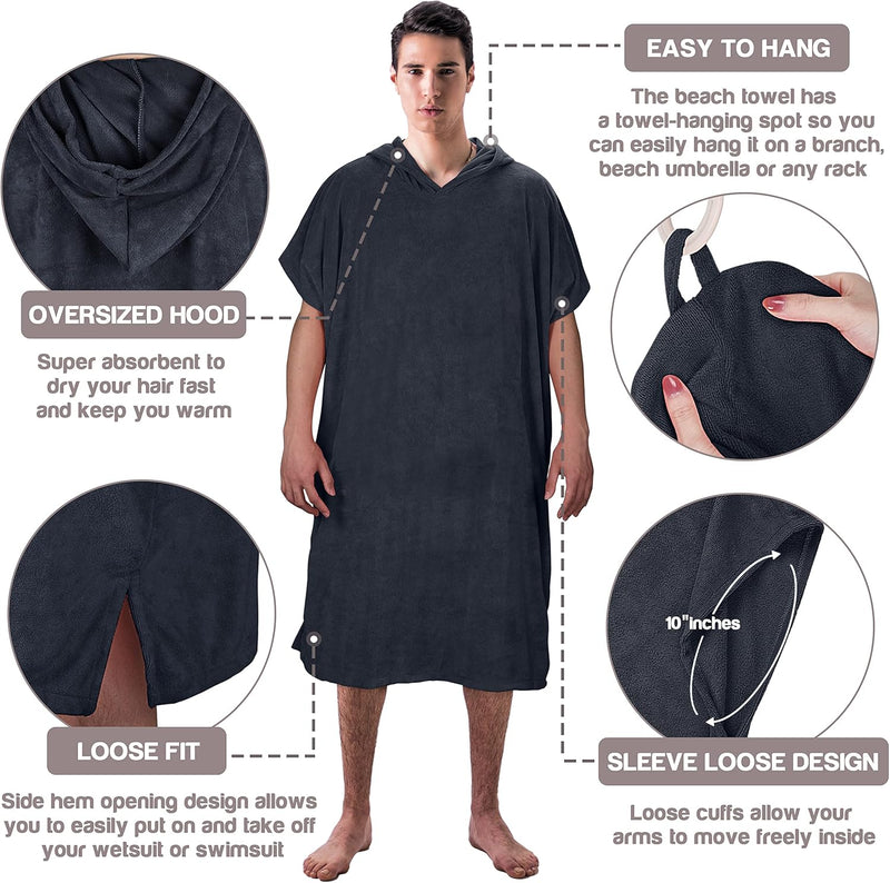 Microvezel badstof surfponcho voor volwassenen (uniseks) – badponcho/badjas voor sauna, dames en heren –  Zwart Kato Tirrinia