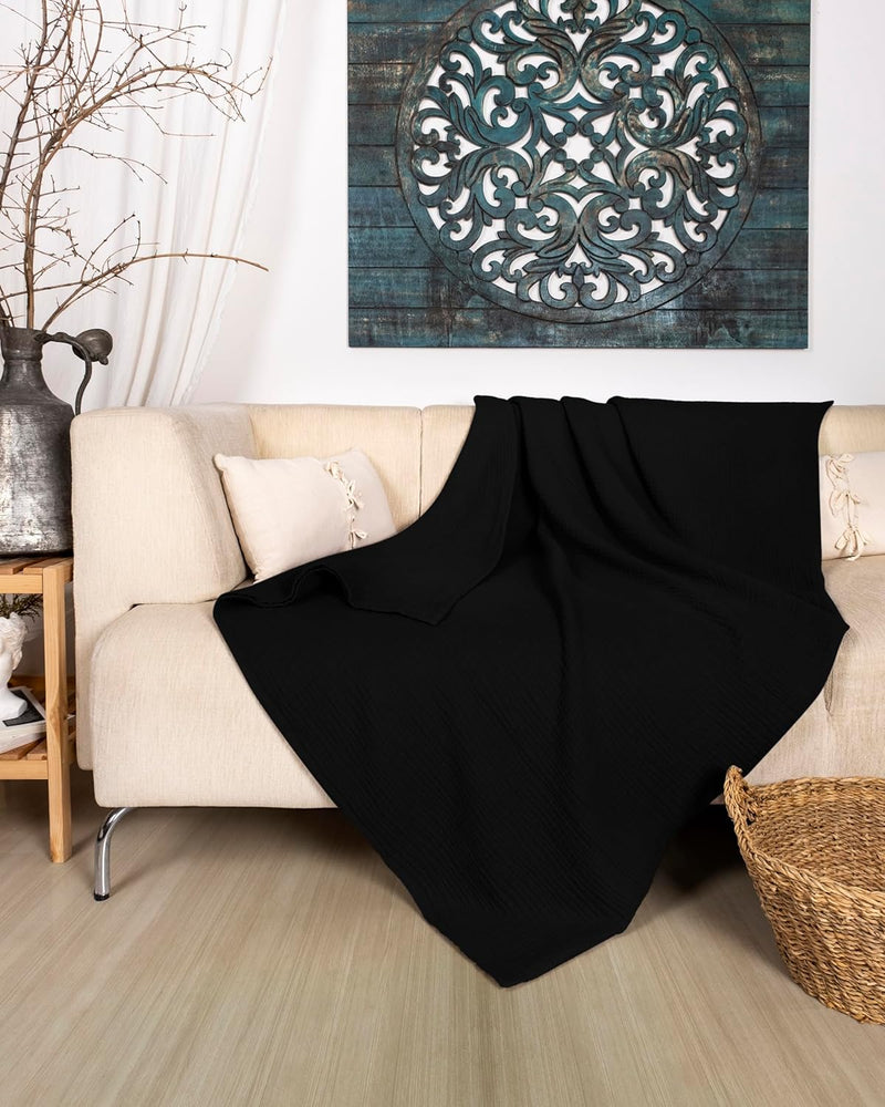Premium Mousseline Sprei – 100% Katoen – Extra Zachte Katoenen Deken als Knuffeldeken, Bedsprei – Warme Woondeken in verschillende maten (Zwart) - LAYNENBURG