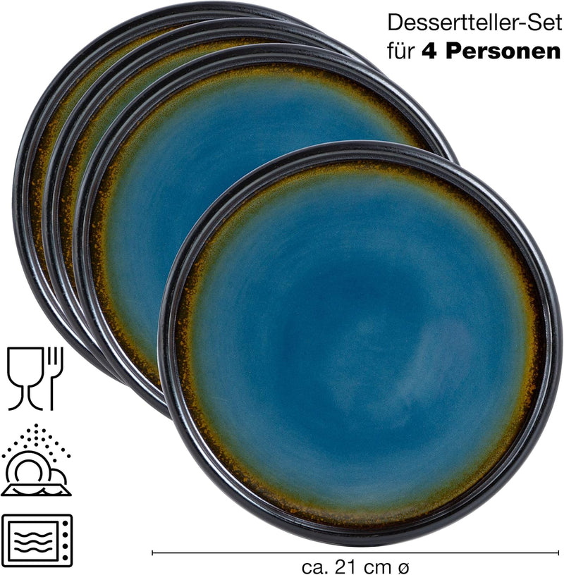 Stevig 4 x Kleine Borden 21 cm – Aardewerken Borden Set als Dessertborden, Taartborden, Ontbijtborden – Serviesset voor Serveren - Moritz & Moritz Blauw